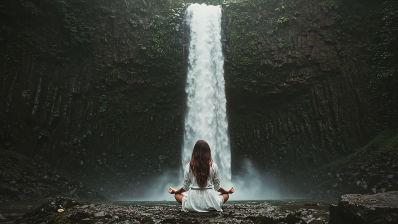 Un momento sereno di meditazione tra la maestosa bellezza di una cascata, che evoca pace, tranquillità e riflessione interiore nell'abbraccio della natura.