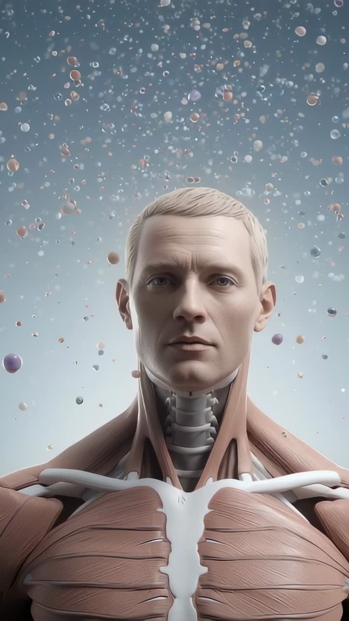 Vertical video: Opening animation initiating spheres drifting by bust in studio, revealing muscles