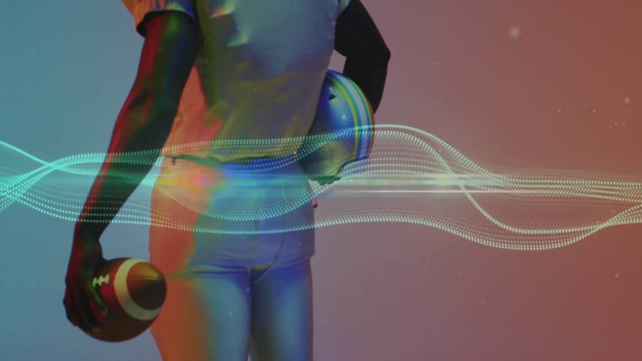 animación de múltiples rastros de luz sobre un jugador de fútbol americano con fondo de neón