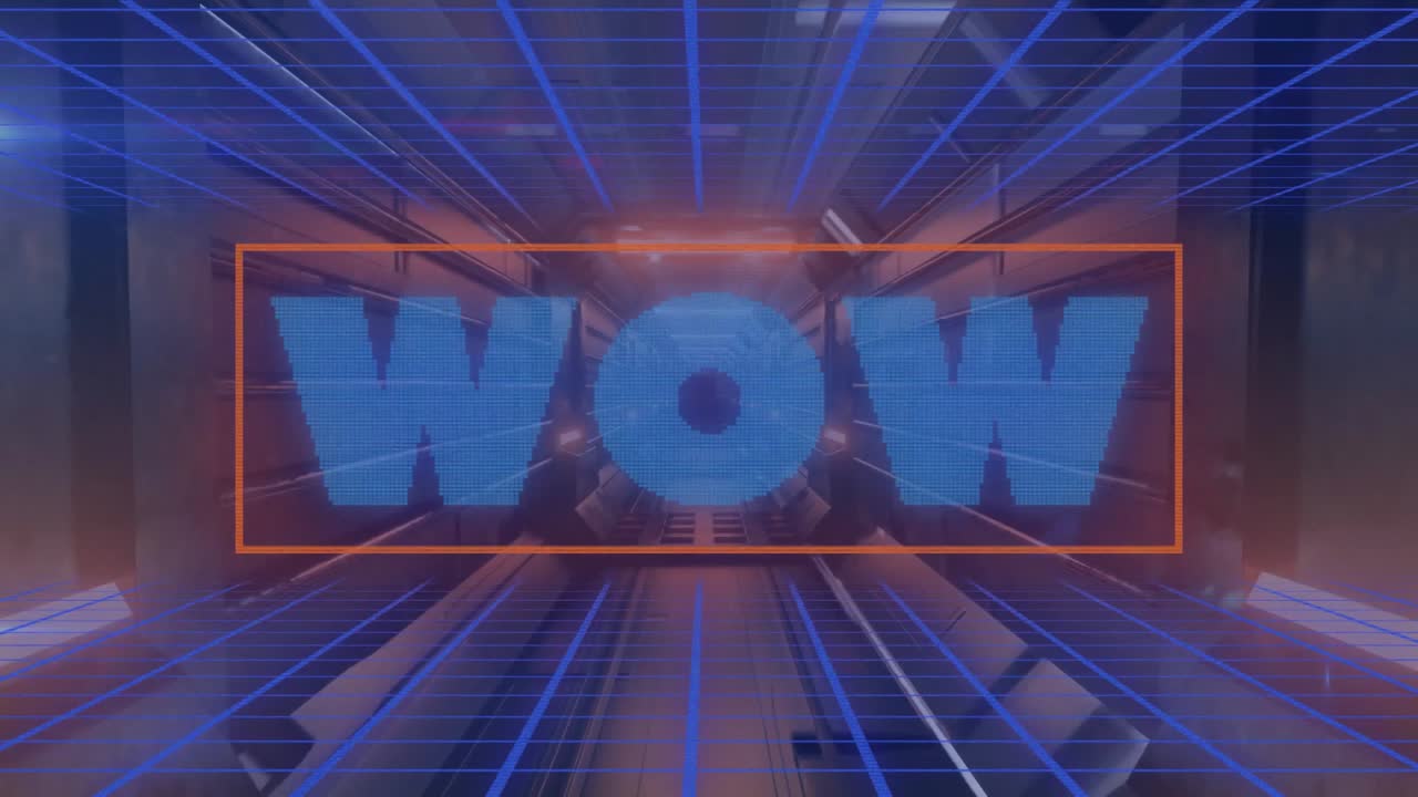3D blauer WOW-Text verblasst, löst eine orangefarbene Umrisszeichnung aus, während das Korridorgitter für visuellen Effekt pulsiert.