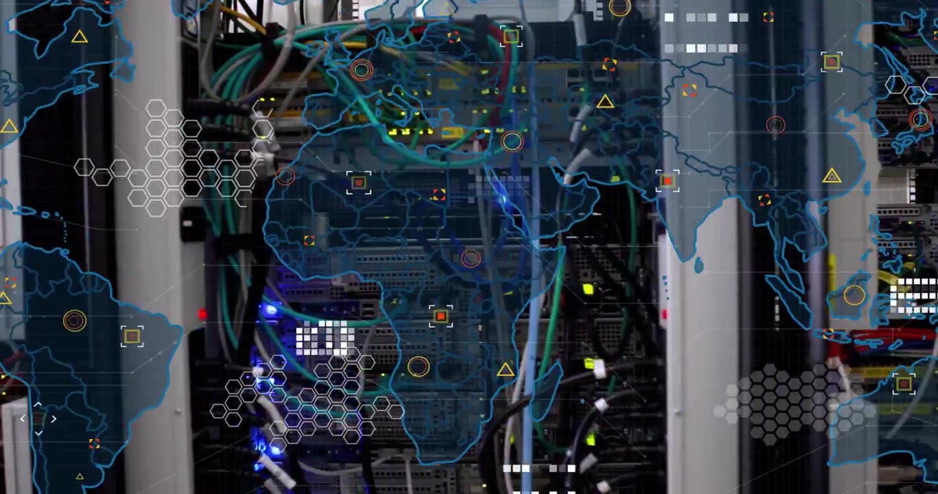 Blinking LEDs starting map overlay over racks pulsing links showing global network flow