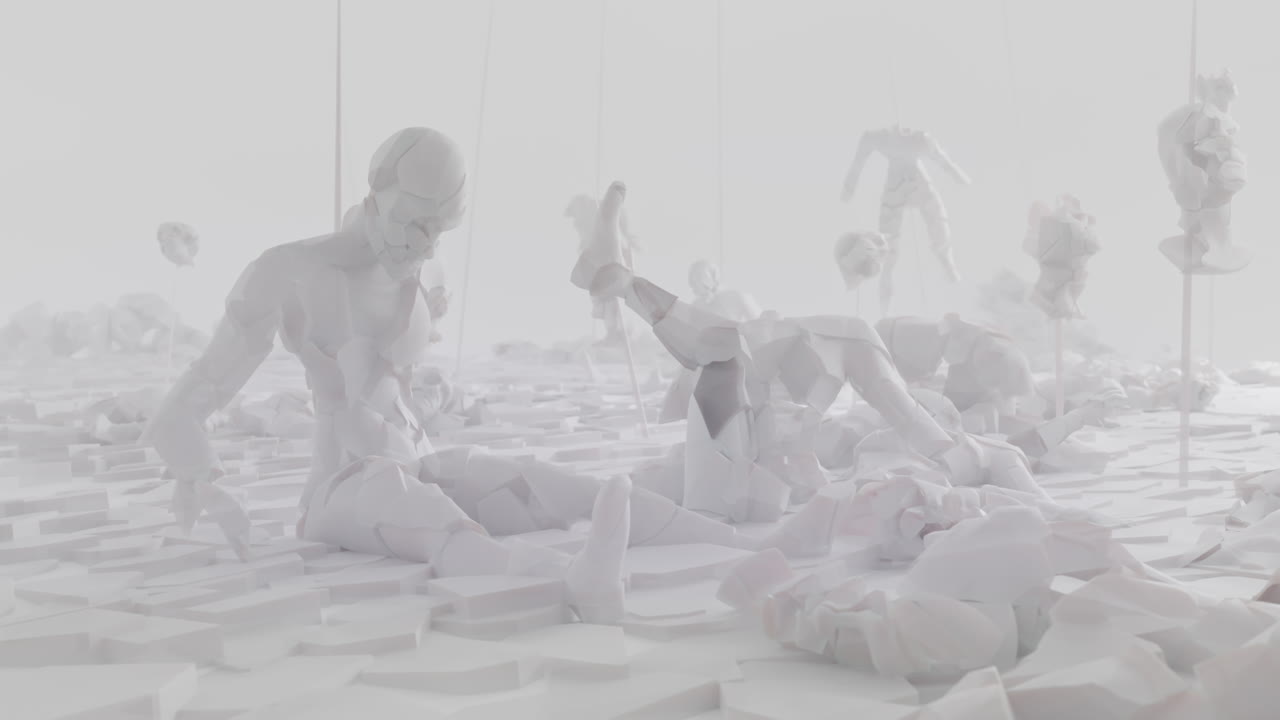 Broken android shells on a foggy junkyard