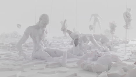 Broken android shells on a foggy junkyard