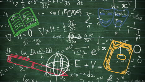 iconos de conceptos escolares contra ecuaciones matemáticas en la pizarra
