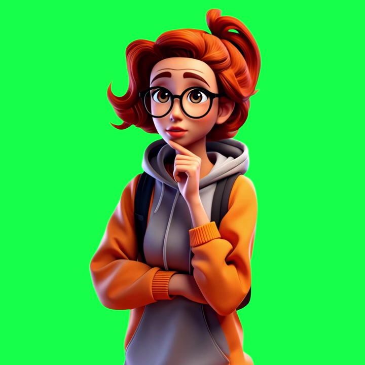 Joven animada en 3D con gafas y mochila pensando