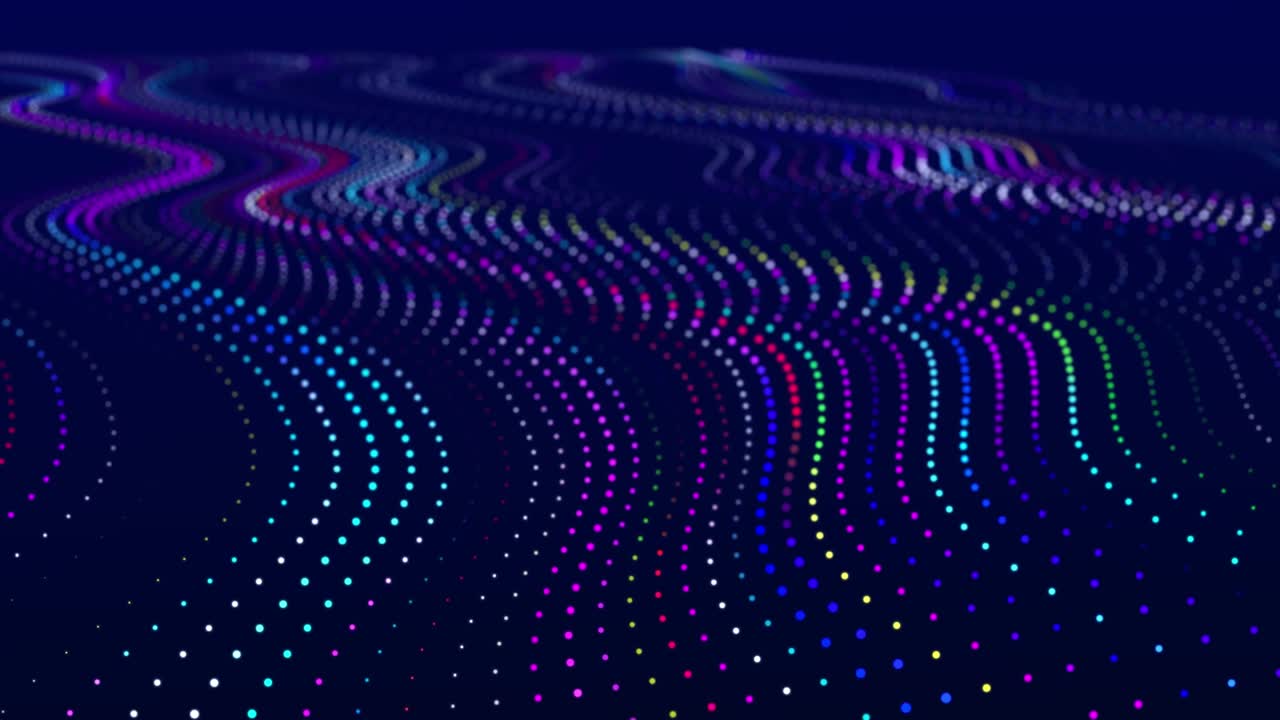 Abstract flow of luminous particles on dark background. Movement of colored dots. Big data visualization. 3D rendering. Seamless loop. 4k