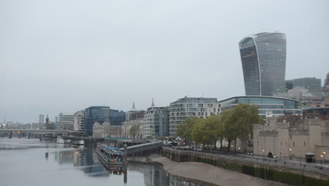 cityscape of london city skyline with river thames from embankment on cloudy day during coronavirus lockdown pandemic