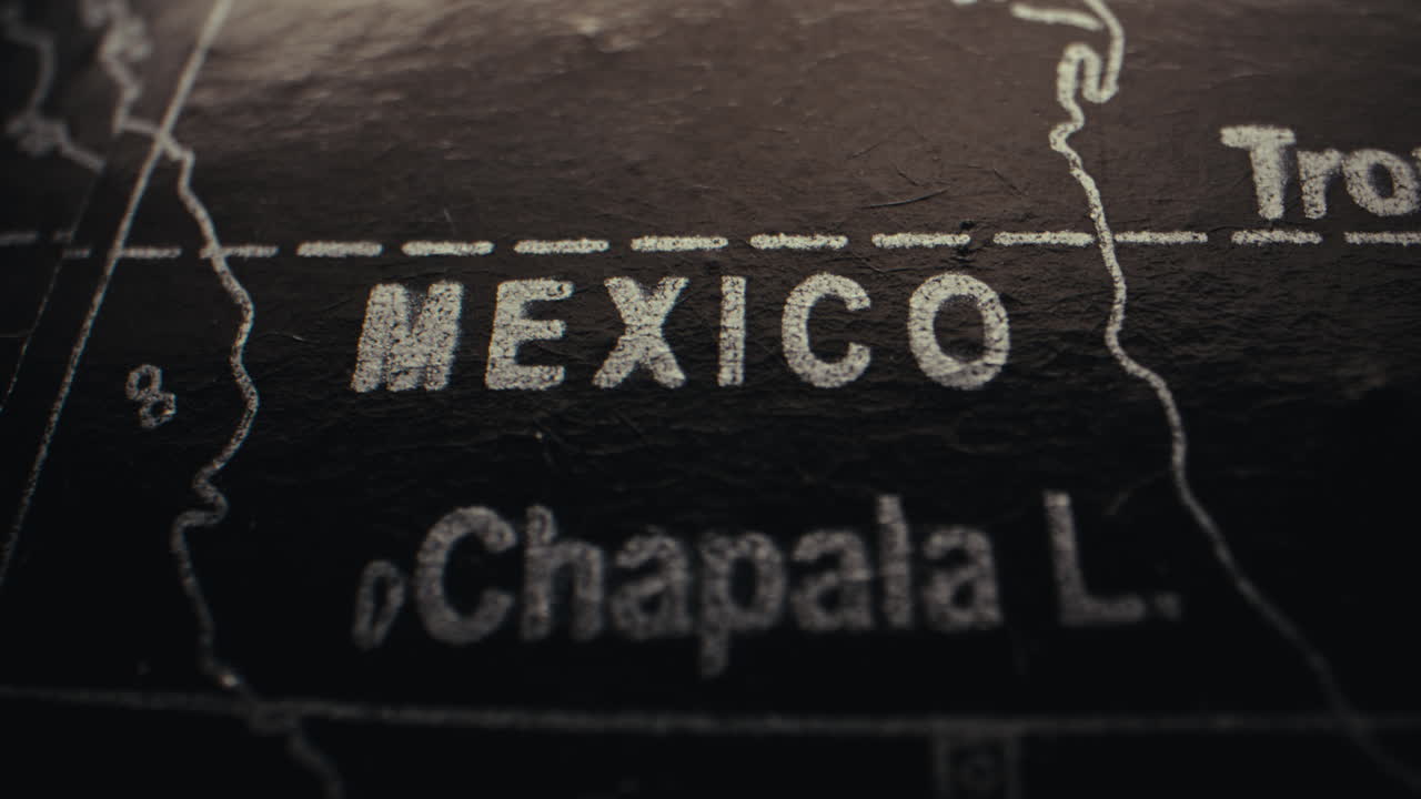 Close-up of a map showing Mexico and Chapala Lake