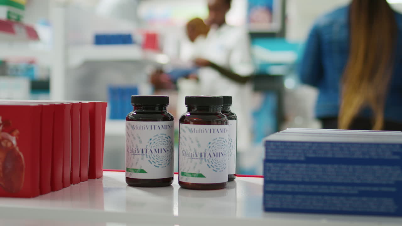 Pharmacy aisle with multivitamins and medication on display