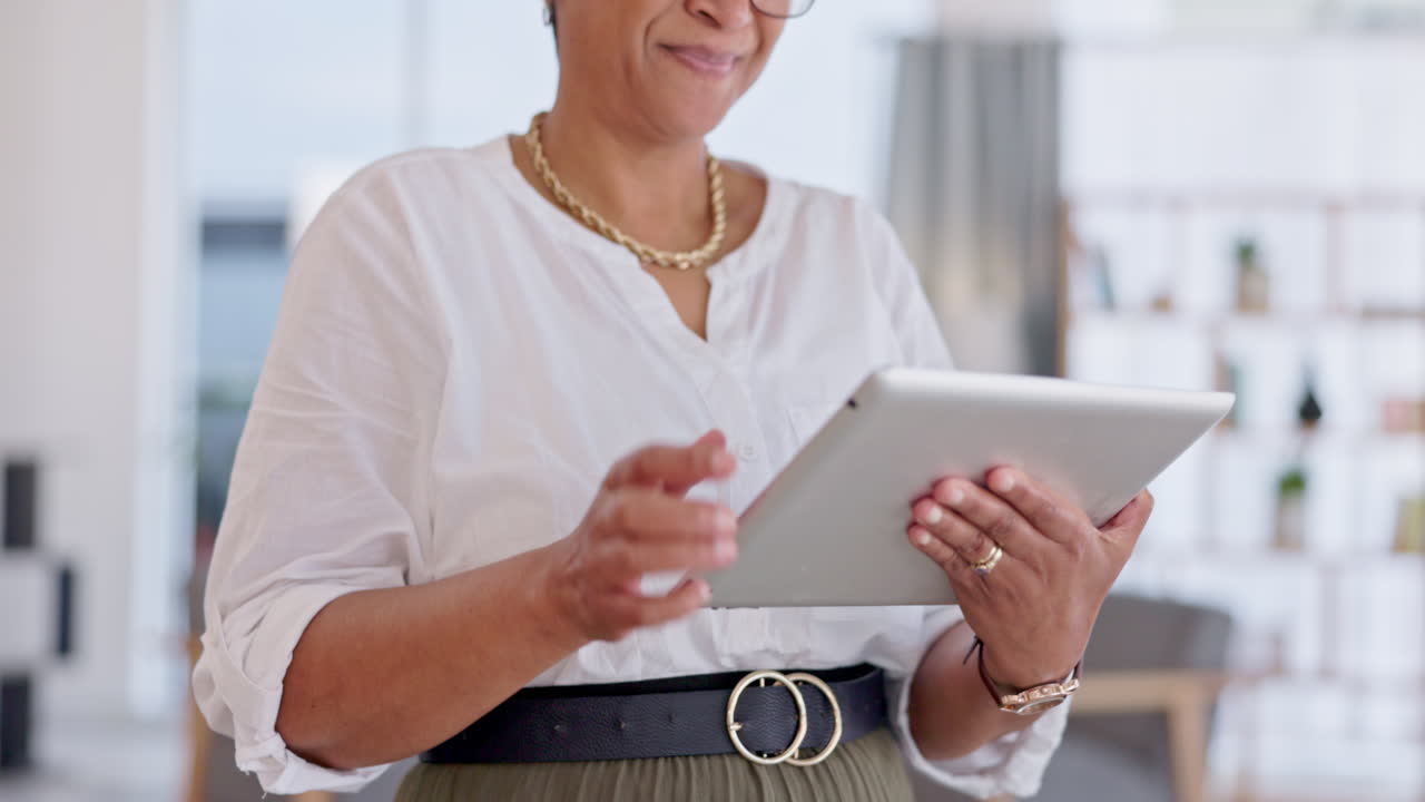 Senior woman, tablet and scroll