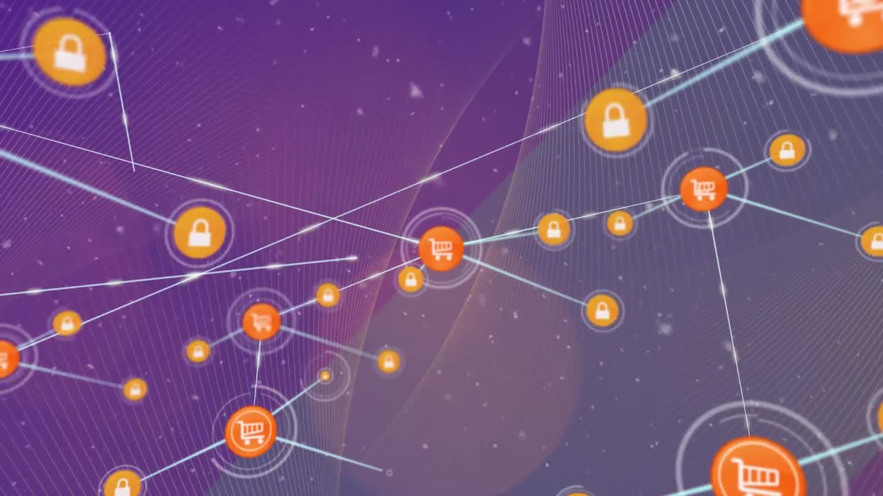 Animazione di particelle bianche su una rete di icone digitali e onde digitali su sfondo viola