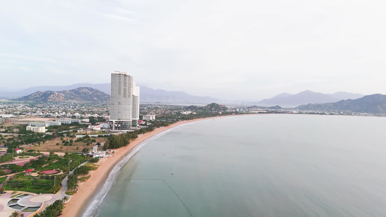 Aerial View Dolly of the Coast in Phan Rang–Tháp Chàm in the Morning.