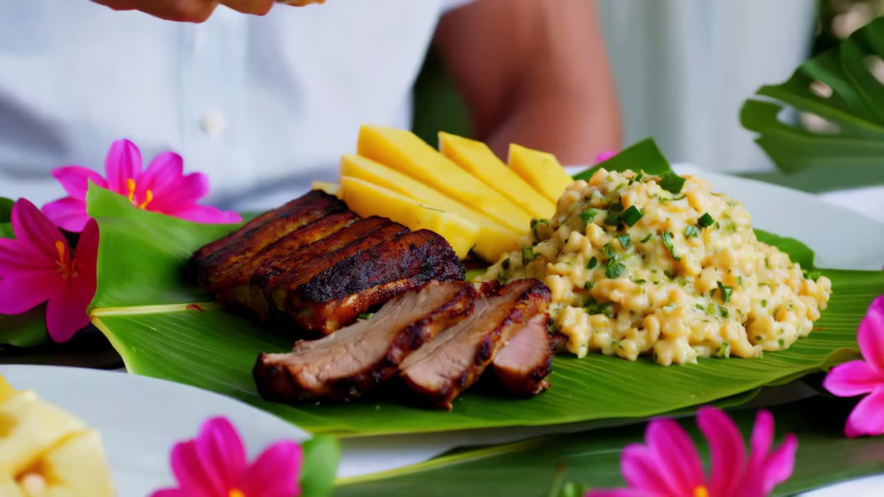 costillas de cerdo a la parrilla, arroz y patatas en un plato de hojas de plátano