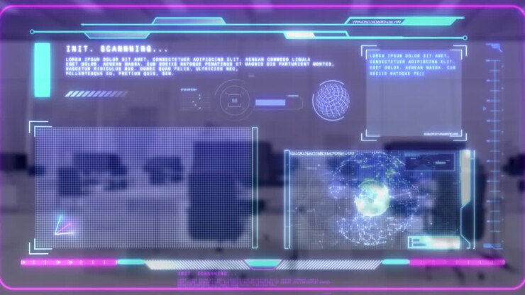 Animation af digital grænseflade med databehandling mod et tomt kontor