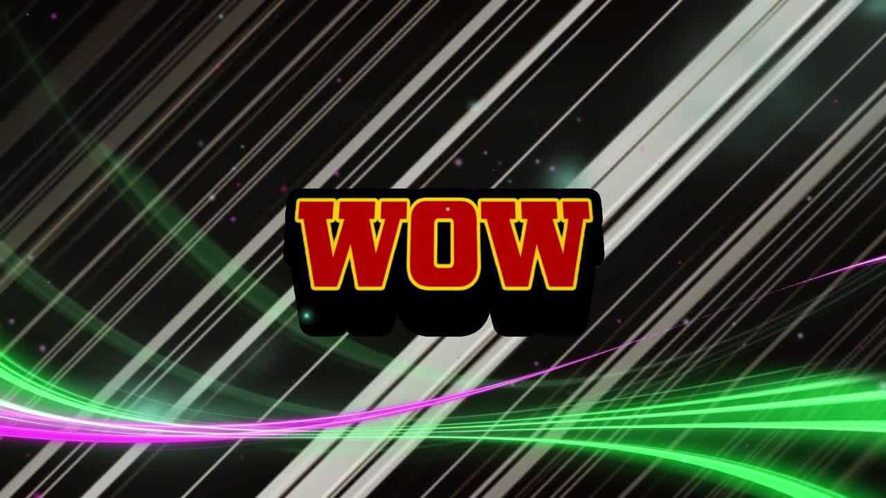 검은색 배경의 빛의 흔적에 대한 레트로 음성 거품 위의 와우 텍스트의 애니메이션