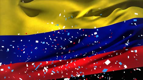 animación de confeti cayendo sobre la bandera ondeando de colombia sobre un fondo negro