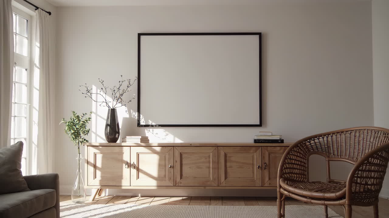A modern and bright living room featuring a wooden cabinet, a rattan chair, and an empty frame
