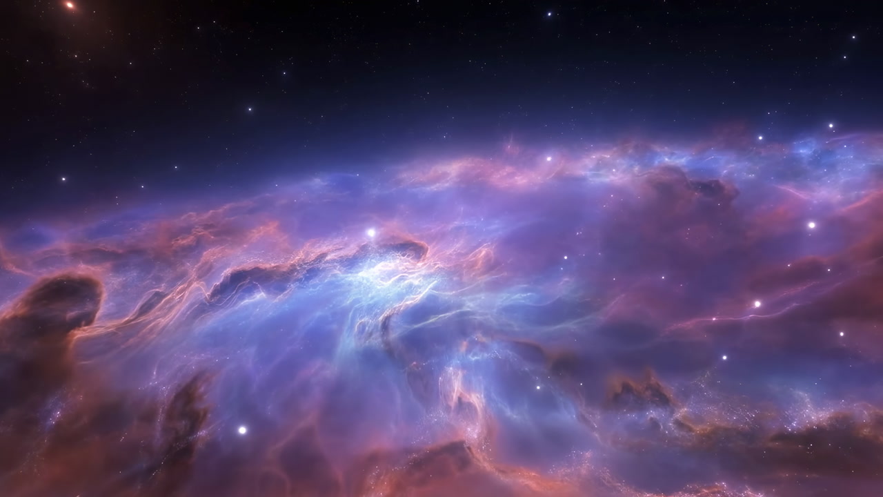 Vast Purple Nebula Cloudscape Glowing Core, Cinematic Deep Space Panorama With Swirling Gas, Drifting Dust,
