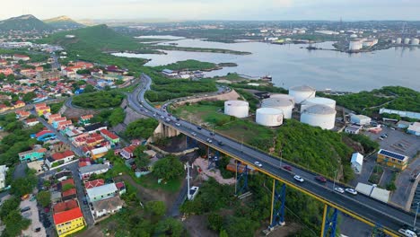 aerial panoramic parallax above queen julianna bridge and white storage tanks in curacao