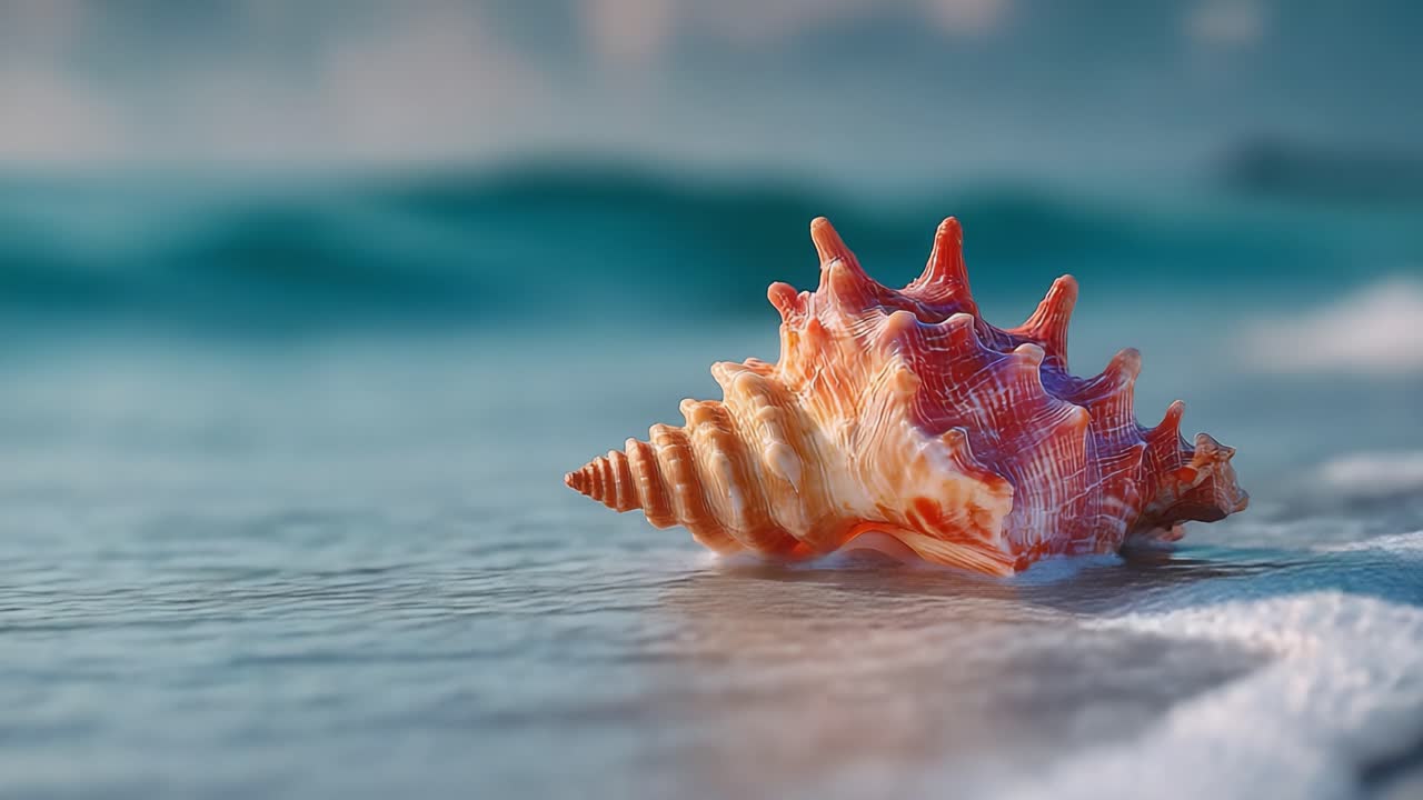 A Beautiful Natural Seashell Glimmering on a Shoreline, Captured at the Perfect Moment with Gentle Waves and Soft Sand in the Background