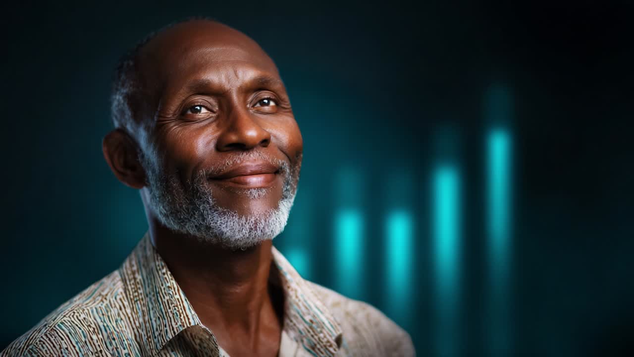 A Portrait of Wisdom: Capturing the Essence of Joy and Vitality in the Life of an Older Gentleman, Radiating Happiness Against a Softly Lit Background with Abstract Patterns of Light