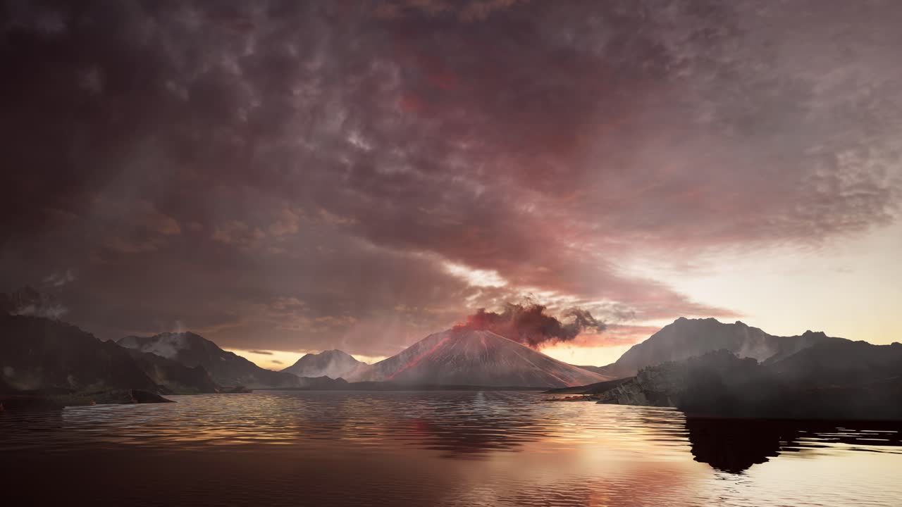 Bellissimi paesaggi di fumo vulcanico sull'oceano al tramonto