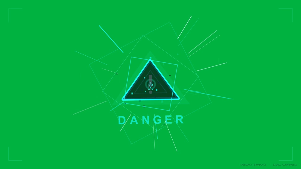 Radial burst sparking, cyan warning triangle animating HUD scan, showing DANGER on transparent