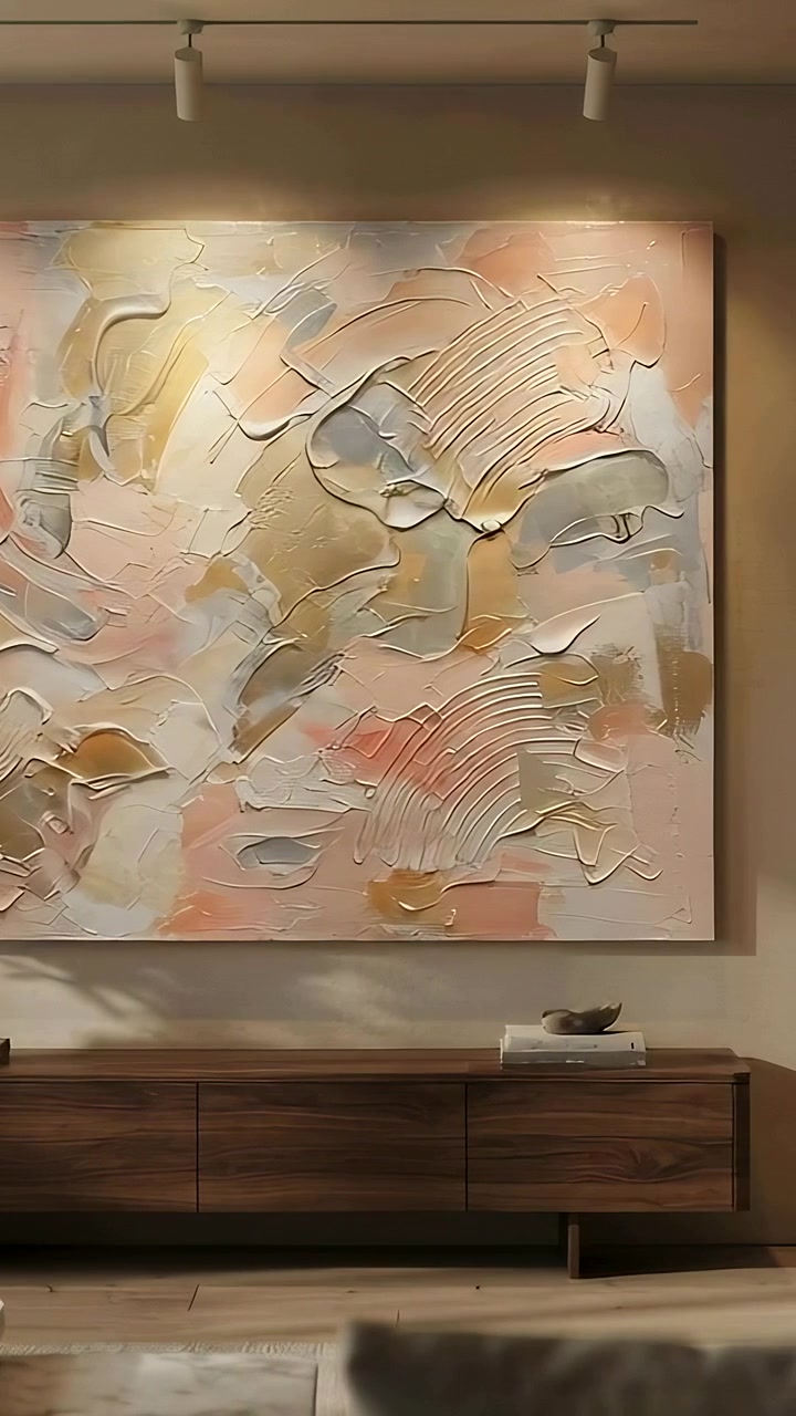 Video verticale: Panoramica lenta a destra, telecamera che riprende una grande tela testurizzata a casa, mostrando un vaso
