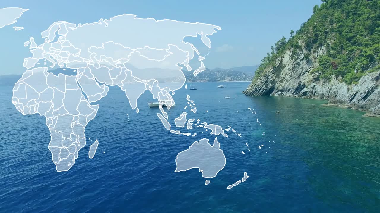 Americas appearing, faint map expanding, camera panning right, boat cruising, visualizing coverage