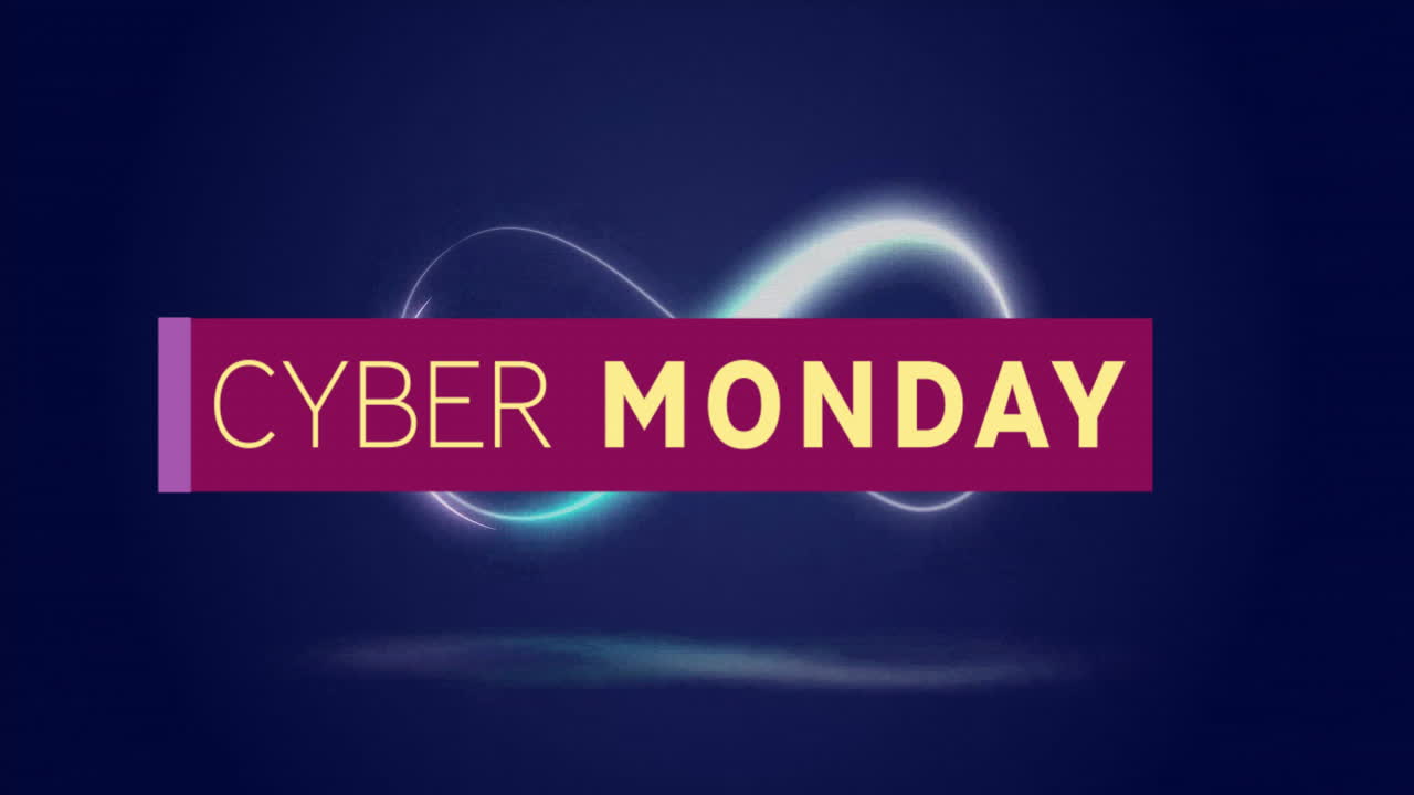 Animation af Cyber Monday-tekst over neonlys på sort baggrund