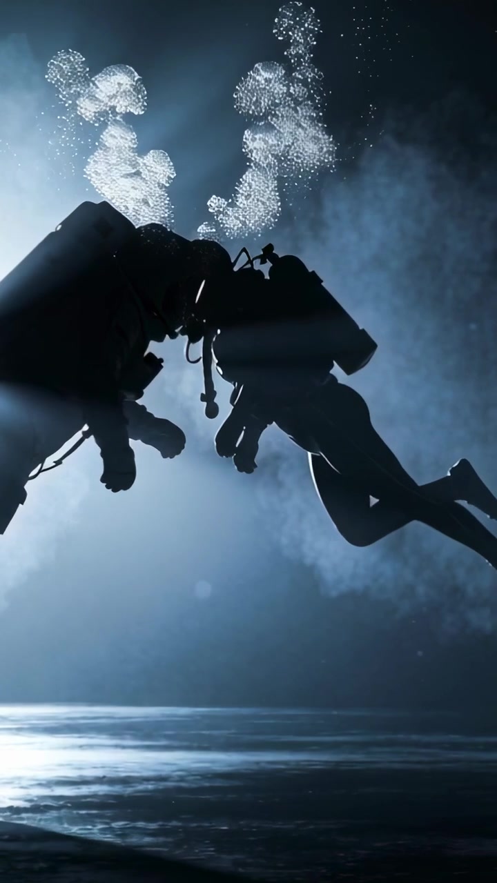 Vertical video: Moving two scuba divers following light shaft in deep water, with tanks and bubbles