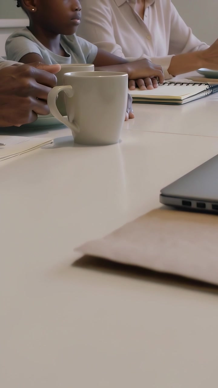 Vertical video: Camera panning revealing adult in blouse writing notebook for meeting at home, mug