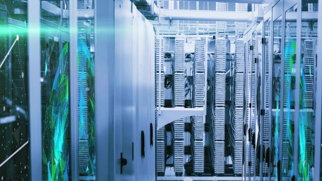 Panning through server racks with green beam drifting, floating UI panels showing engagement