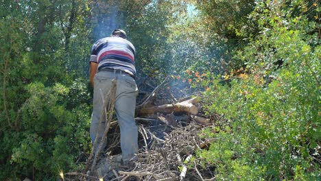 Mann-Schneidet-Holz-Mit-Säge