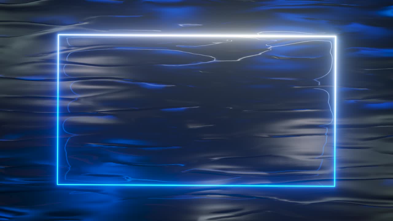 A bright neon frame shimmers with a blue neon spectrum against a water background. Seamless loop 3d render