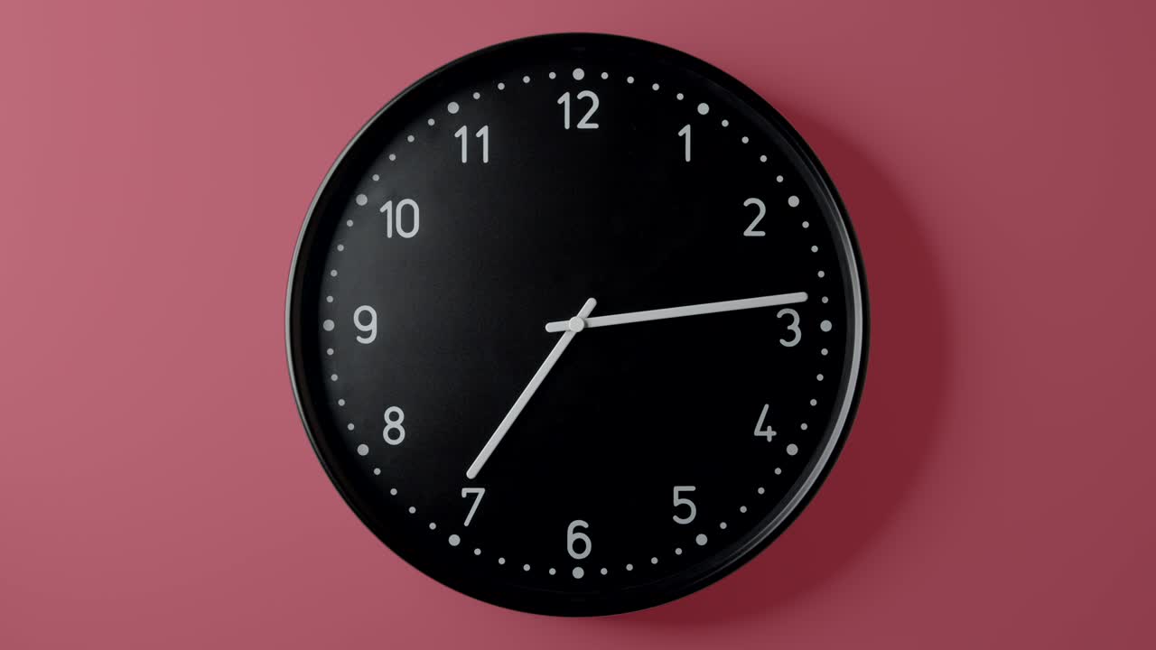 Black Clock Face in Time lapse all day on Pink wall