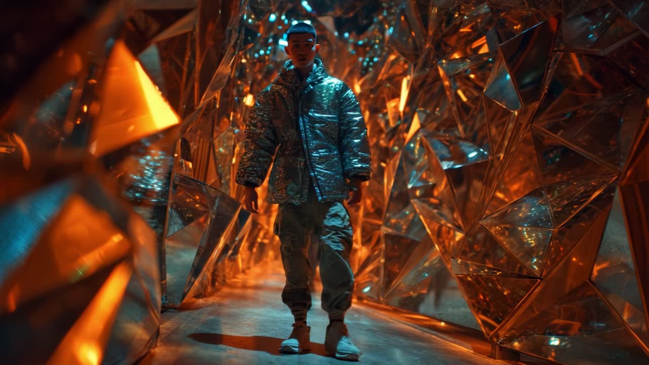 A Young Individual Navigating a Mesmerizing Passageway Encrusted with Gleaming Geometric Structures, Encased in Warm Orange Light, Showcasing Futuristic Fashion and Remarkable Visual Design Elements