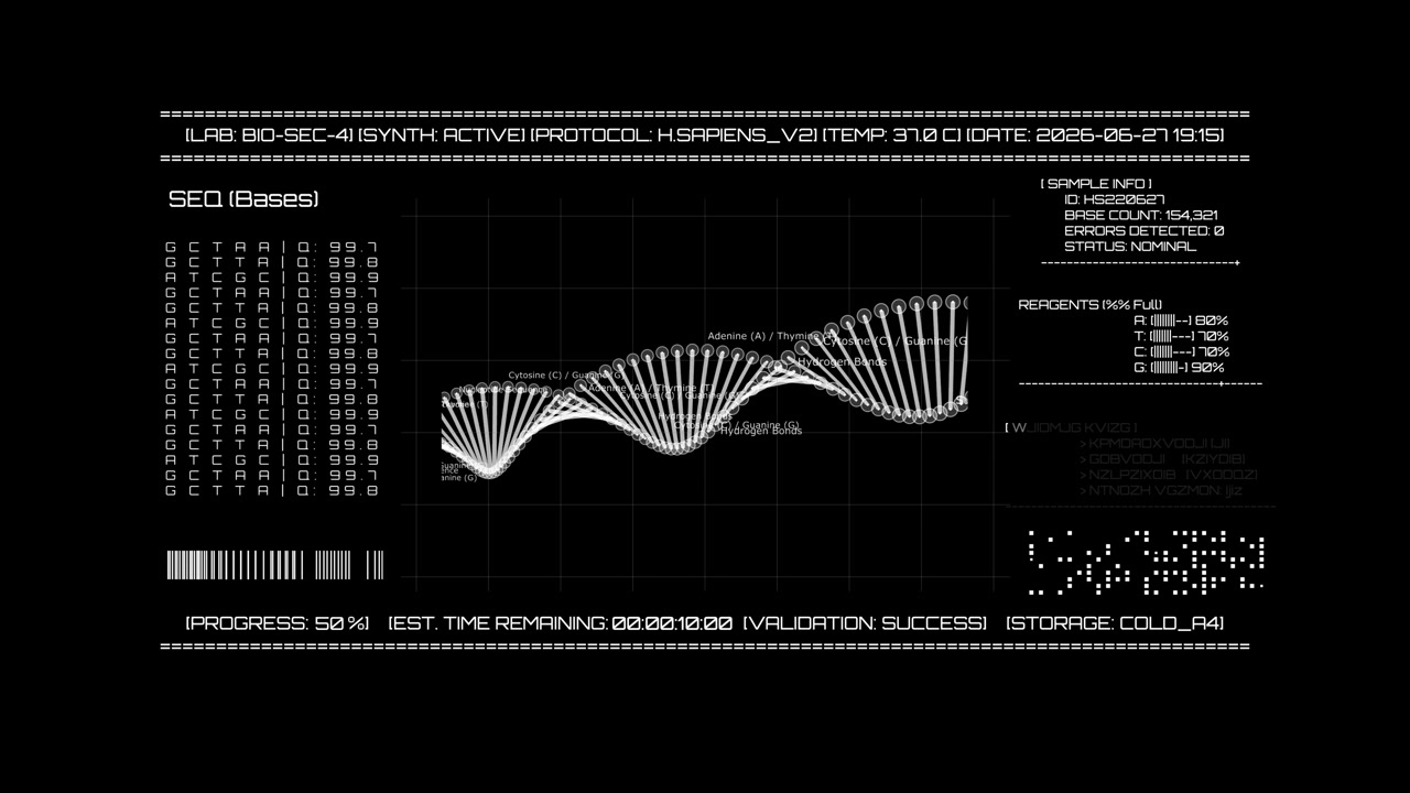 Digital health interface analyzing genetic sequences, base pairings, and synthetic biological data. Ideal for medical research, biotechnology advancements, and AI gene mapping concepts.