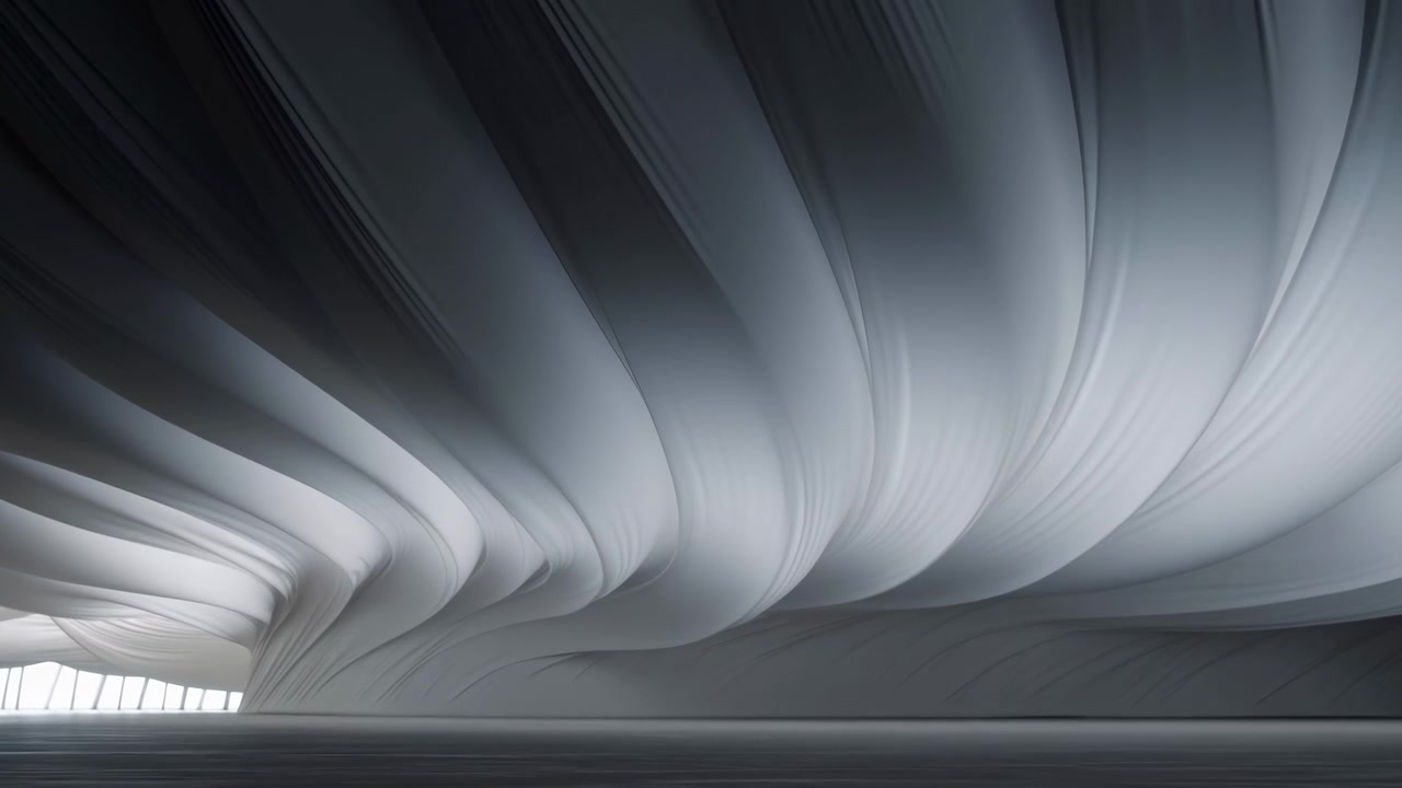 Spazio architettonico astratto con ampi pannelli curvi sul soffitto, superfici lisce e una vista dal basso che enfatizza la grande struttura aperta e i toni tenui.