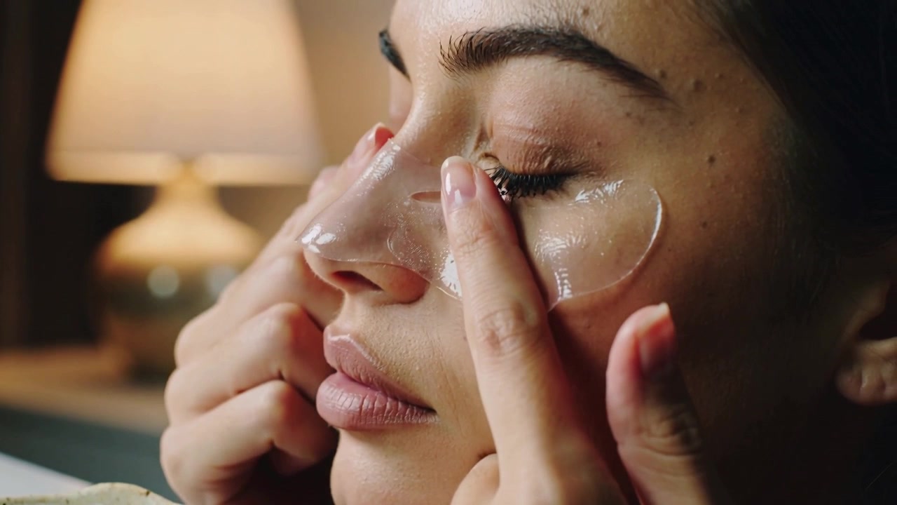 Lifting woman taking patch from dish at bedside, in neutral robe, smoothing under-eye for hydration