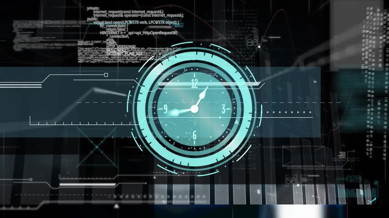 Neon ticking clock over digital interface with data processing against black background
