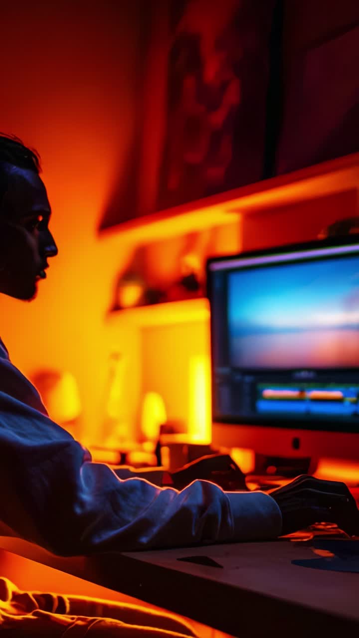 Creative Evening: A Person Engaged in Content Creation at a Computer with Ambient Lighting, Showcasing Focus and Inspiration in a Cozy Workspace