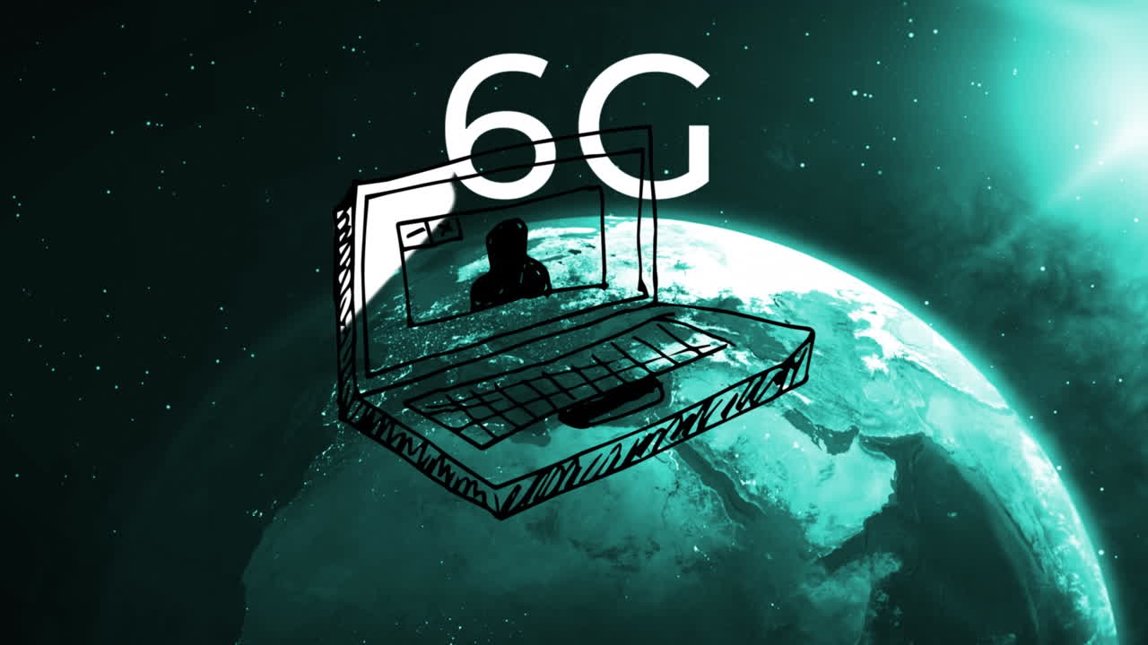 animación de 6g, portátil y sol saliendo sobre el globo girando en el espacio