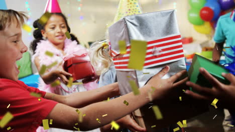 animation of confetti falling over diverse children with presents at birthday party