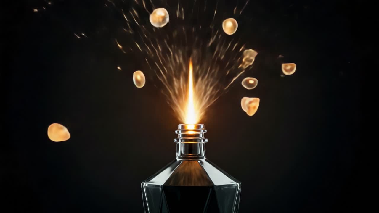 An Artistic Representation of a Sparkling Explosion from a Stylish Bottle, Capturing the Moment of Ignition with an Elegantly Dramatic Flame on a Dark Background