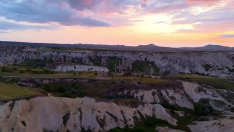 Aerial view of Cappadocia&#039;s stunning landscape at sunset, Turkey
