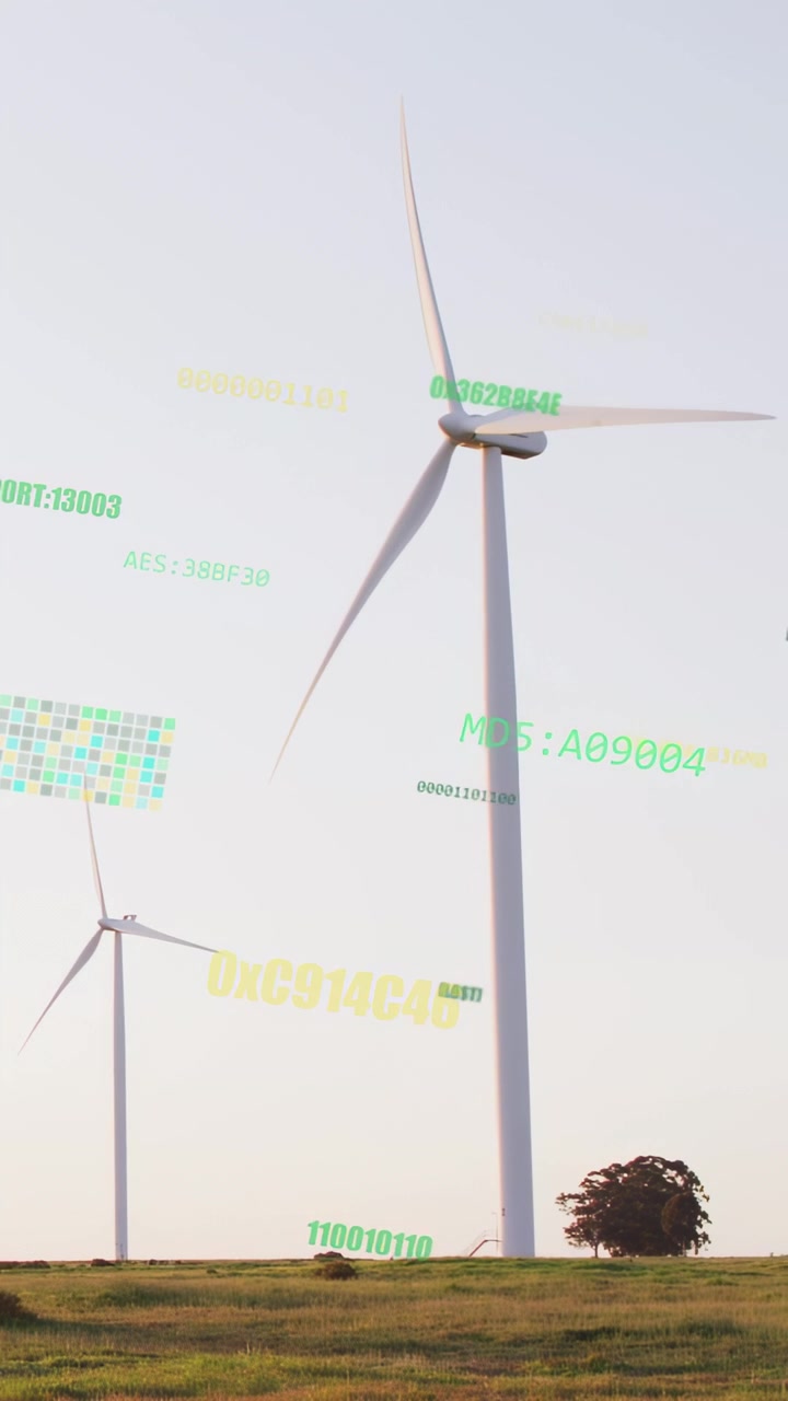 Video verticale: Vento che aziona una turbina eolica, mentre la telecamera zooma e i dati scorrono per mostrare l'output.