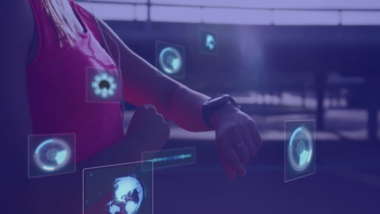 Animation of digital screens with data over hands of african american woman using smartwatch
