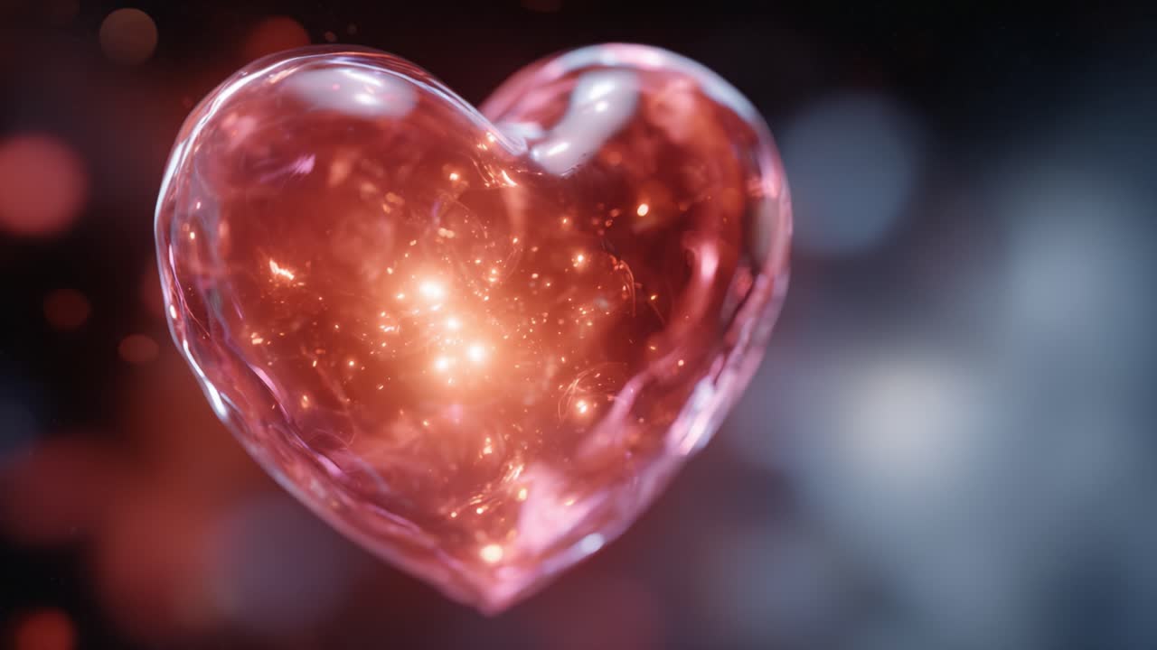 Una bellissima gemma a forma di cuore che irradia amore e luce con effetti scintillanti in uno sfondo da sogno, a simboleggiare emozioni e connessione per ogni occasione
