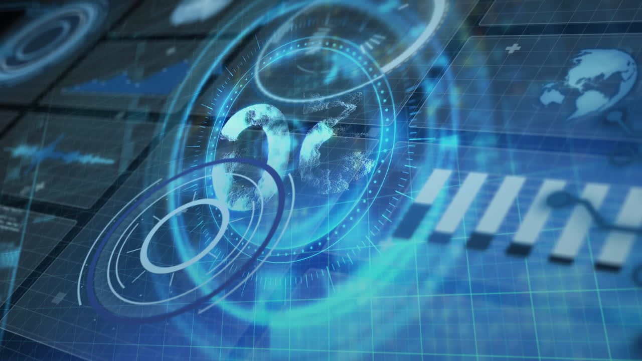 Animation of rotating globe with data visualization on futuristic digital interface